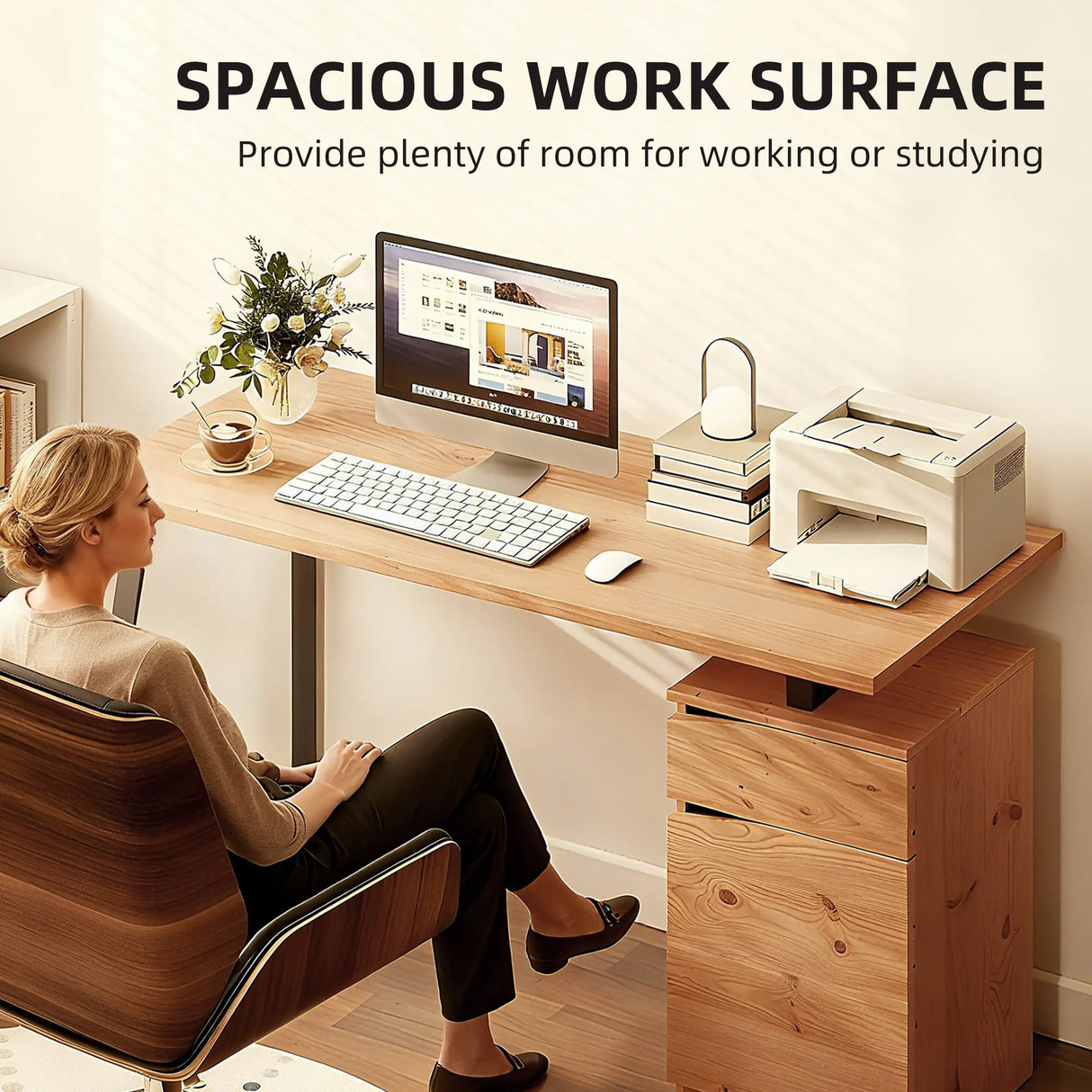 HOMCOM Computer Desk, Writing Desk with Cabinet, Drawer, Metal Legs, Work Table for Home Office Study, Natural Wood Finish