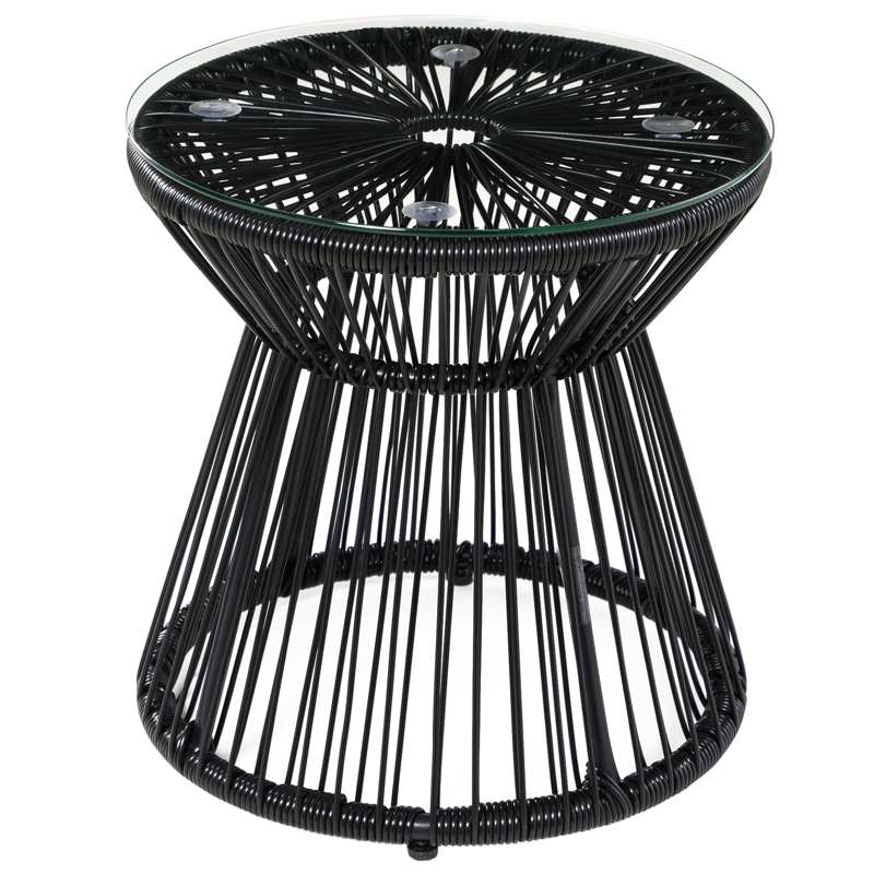 Outsunny Round End Table, Rattan Side Table, Hollow Drum Design Coffee Table w/ Glass Tabletop for Patio, Garden, Balcony Black