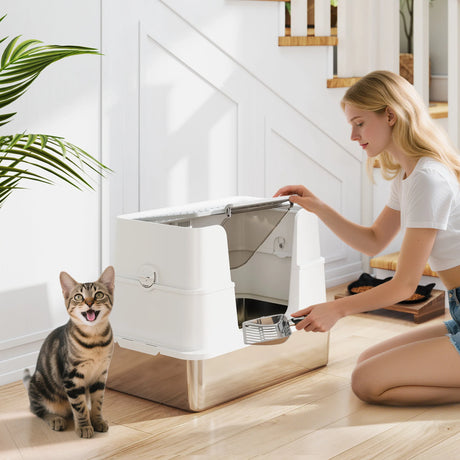 PawHut XL Stainless Steel Litter Box w/ 100 Flip Top, Scoop, Side Top Dual Entry, Odor Free, Easy Cleaning, Anti Leakage