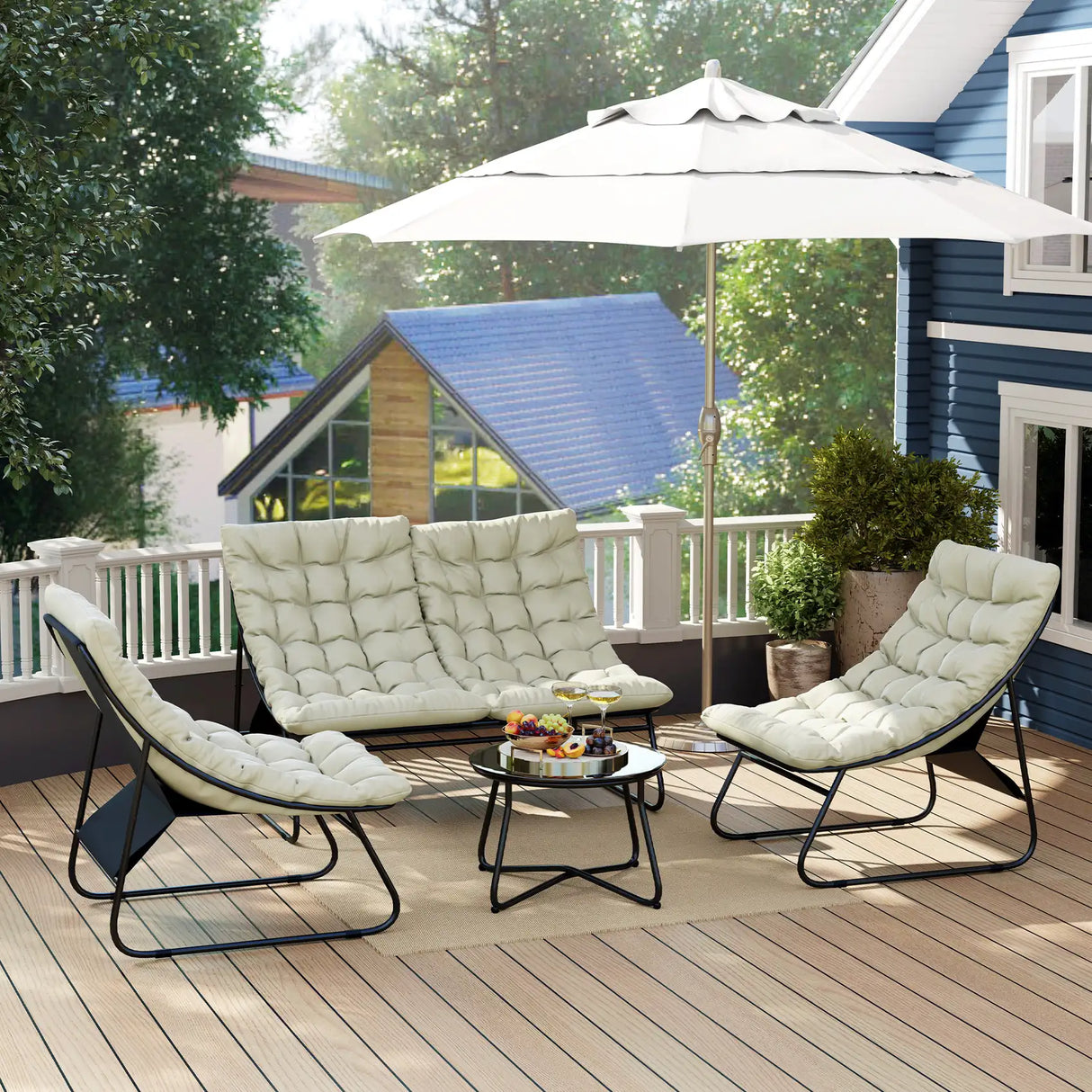 Outsunny 4 Seater Garden Furniture Set, Conversation Set with Loveseat Sofa, Chairs, Glass Coffee Table, Thick Cushions, Steel Outdoor Sofa for Balcony, Poolside, Conservatory, Light Grey