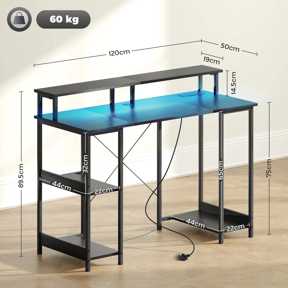 HOMCOM LED Computer Desk, with Power Outlets and Shelves - Black