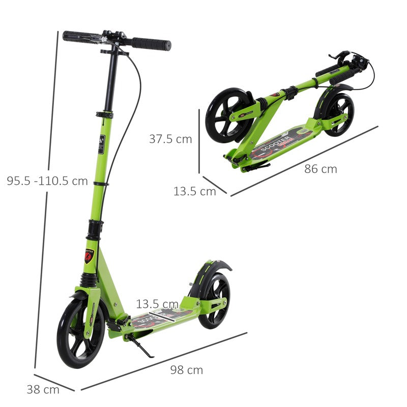 HOMCOM Kick Scooter, Folding 2 Wheel Scooter for 14+ Teens Adults, with Dual Brake System, Dual Suspension, 230mm Big Wheels, 3 Adjustable Handlebar, up to 100KG, Green