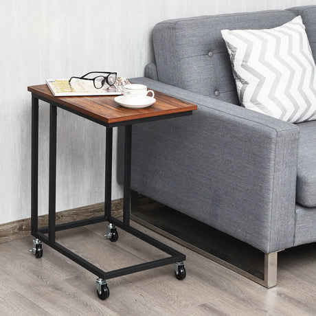 Industrial Side Table with Rolling Wheels for Bedroom