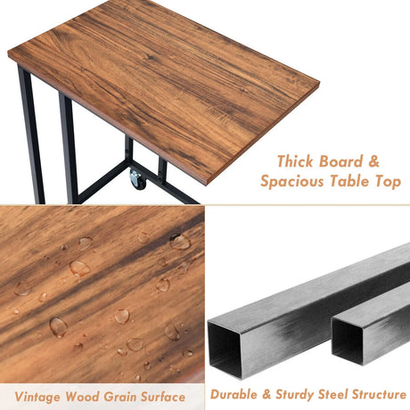 Industrial Side Table with Rolling Wheels for Bedroom