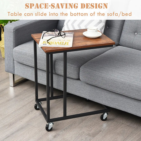 Industrial Side Table with Rolling Wheels for Bedroom