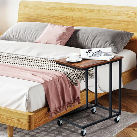 Industrial Side Table with Rolling Wheels for Bedroom