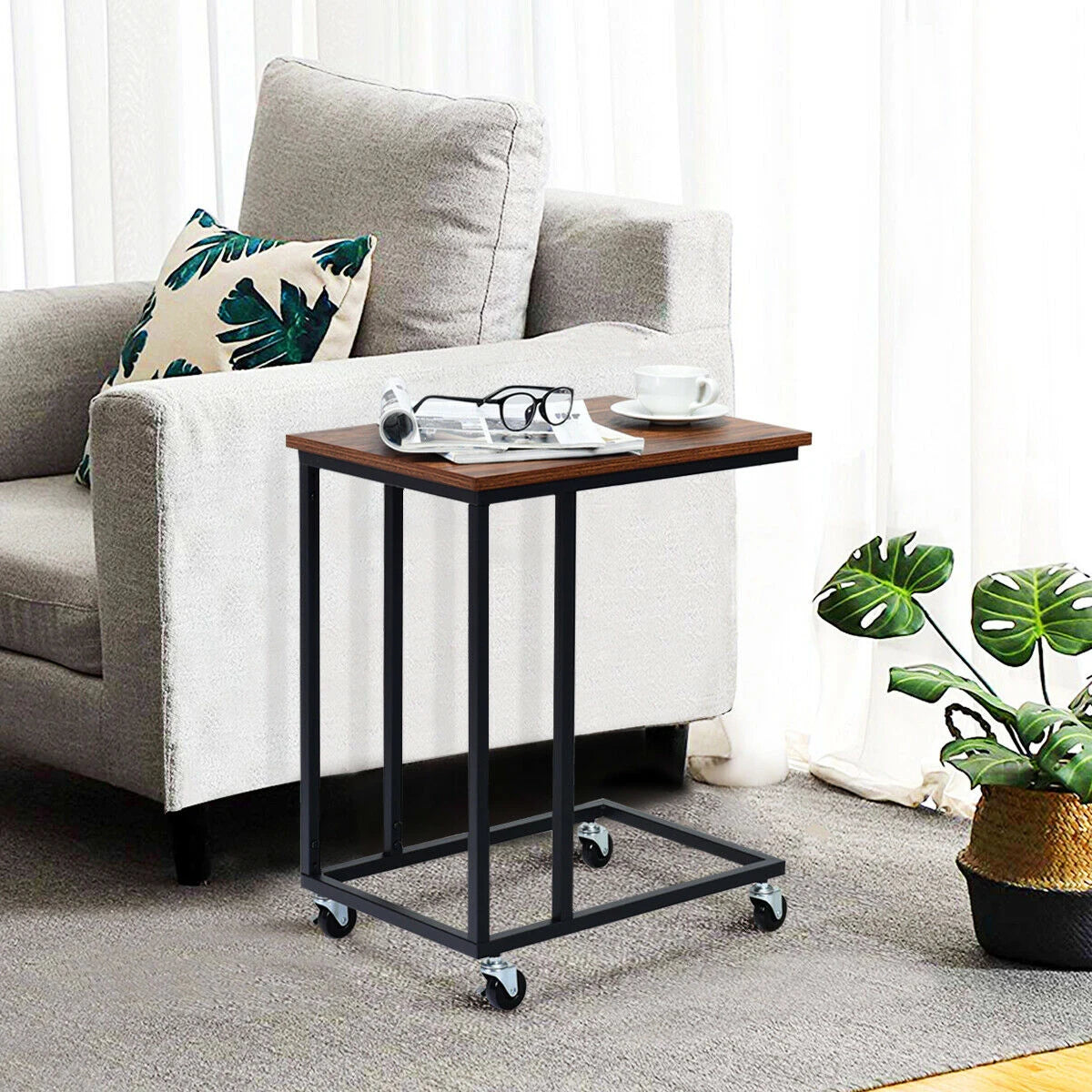 Industrial Side Table with Rolling Wheels for Bedroom