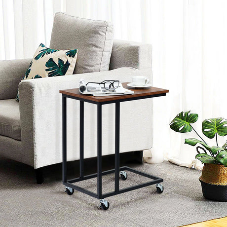 Industrial Side Table with Rolling Wheels for Bedroom