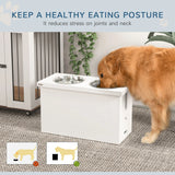 PawHut Raised Dog Bowls w/ Slow Feeder Mat, Storage Cabinet, Three Stainless Steel Bowls, Semi Auto Dispenser Function, White