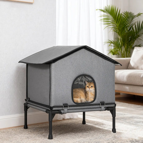 PawHut Outdoor Cat House, Waterproof Insulated Cat Kennel with Elevated Base, Foldable Feral Kitty Shelter for Kittens, Grey