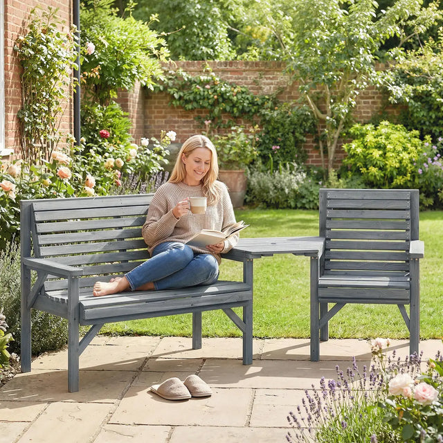 Outsunny Wooden Garden Furniture Set with Parasol Hole, 1 Chair, 1 Bench and Detachable Table, Grey Embossed Finish
