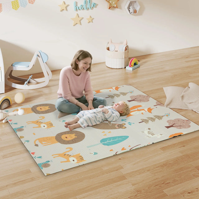AIYAPLAY Animal-Themed Baby Plat Mat Double Sided, Foldable, Water-Resistant for Outdoor/Indoor, 177 x 146 x 1.5cm