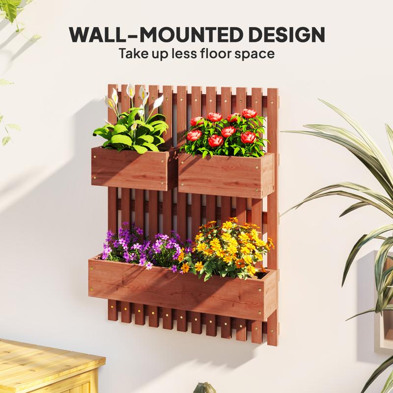 Outsunny Wall-mounted Wooden Garden Planters with Trellis, Drainage Holes and 3 Planter Boxes for Patio, Brown