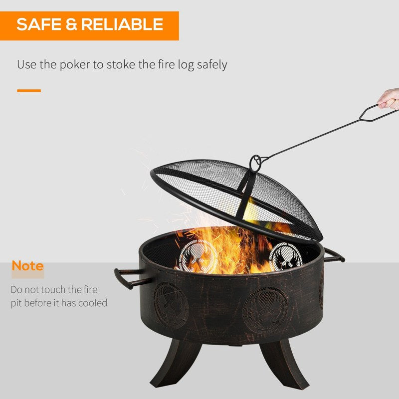 Outsunny 61cm Outdoor Fire Pit Patio Heater Charcoal Log Wood Burner with Screen Cover, Fire Bowl with Poker for Backyard, Bronze Tone