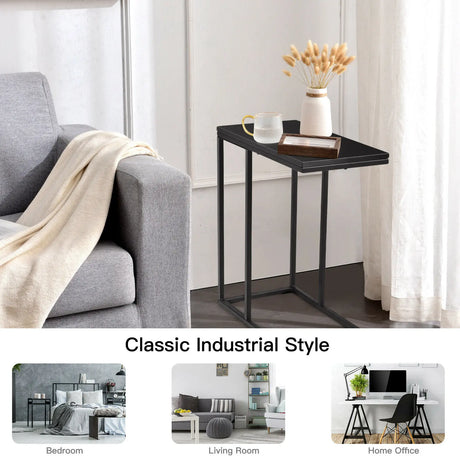 Industrial C-Shaped Narrow End Side Table & Rectangle Tabletop