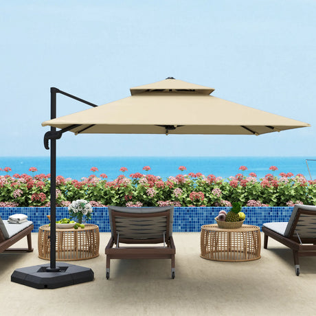 Outsunny 2.7 x 2.7 m Cantilever Parasol with Aluminium Frame, Crank and Tilt, 360-Degree Rotation, Double Top Garden Umbrella with Base and Cover, Khaki