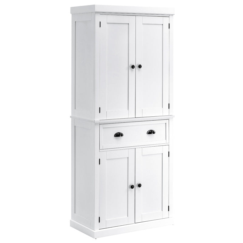 HOMCOM Freestanding Kitchen Cupboard, 184cm Tall Storage Cabinet with Doors and Shelves, Traditional Colonial 4-Door Kitchen Pantry Cupboard with Drawer, White