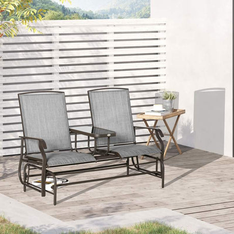 Outsunny 2 Seats Garden Glider Bench, Metal Frame Loveseat with Glass Top  Centre Table, Porch Rocking Glider for 2 Person, for Deck, Patio, Brown/ Grey