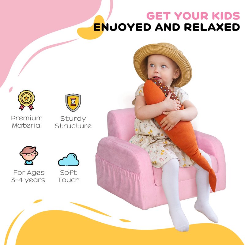 HOMCOM 2-in-1 Kids Armchair, Toddler Sofa Bed, with Wood Frame, for Bedroom, Playroom - Pink