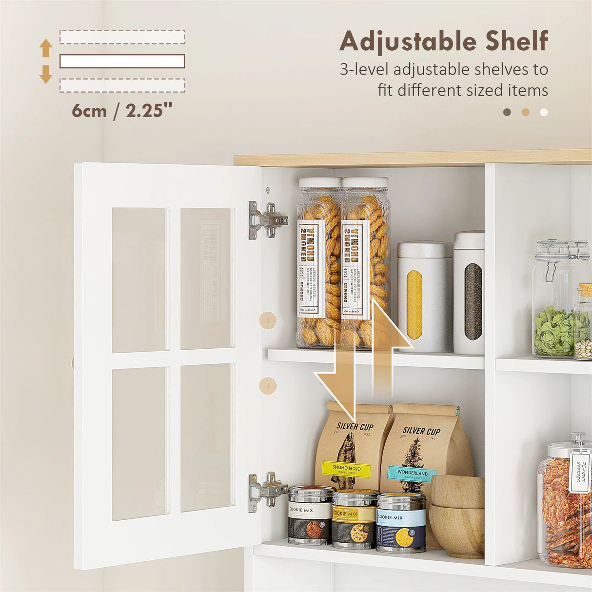 HOMCOM Freestanding Kitchen Cupboard, Storage Cabinet with Doors and Adjustable Shelves, Counter Top, Grid Glass Doors, 80L x 37W x 183H cm - White