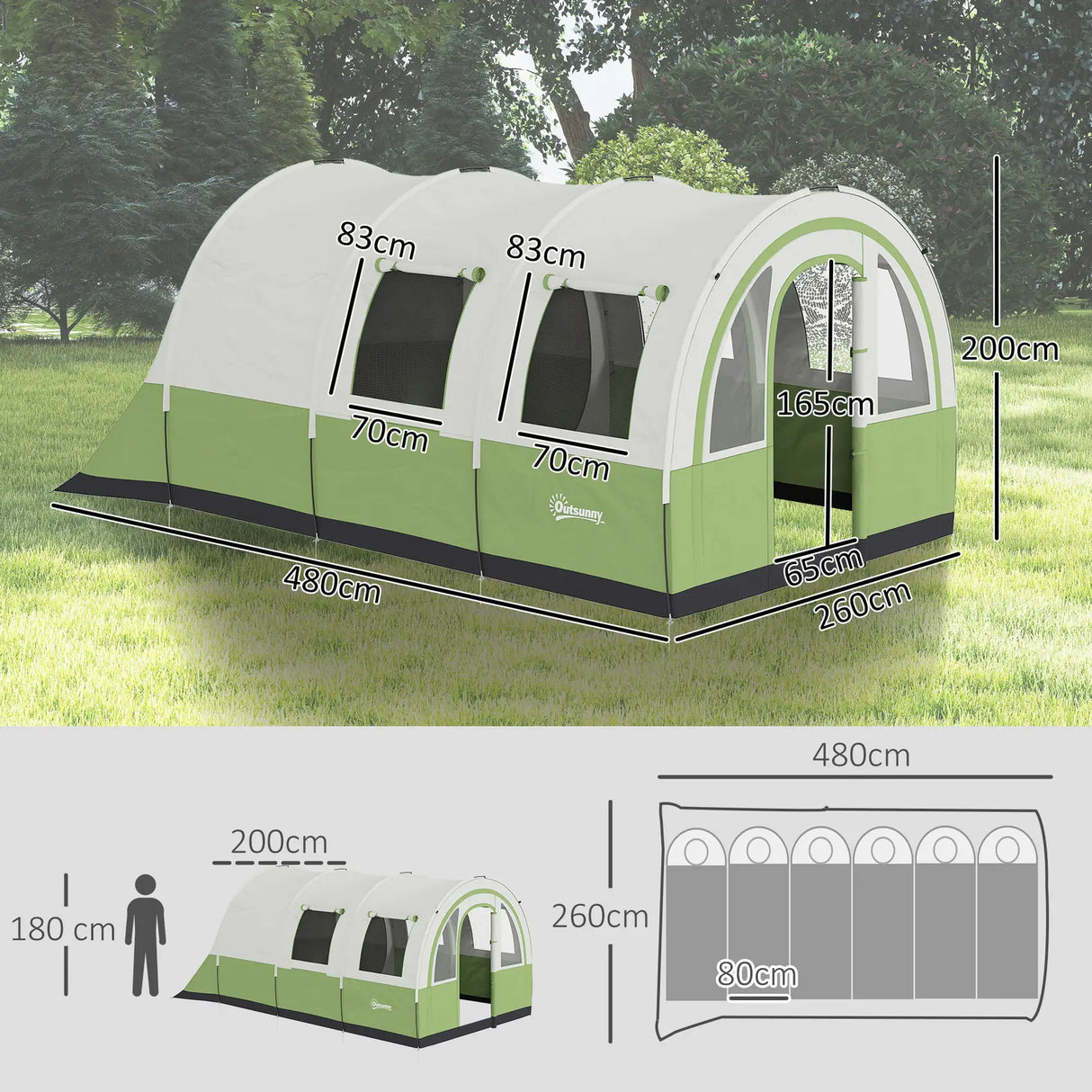 Outsunny 3000mm Waterproof Camping Tent, 5-6 Man Family Tent with Living and Bedroom, Carry Bag Included, Cream and Green