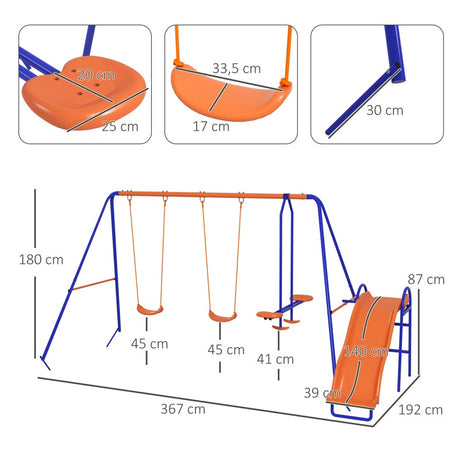 Outsunny Four-In-One Metal Garden Swing Set, with Double Swings, Glider, Slider, Ladder - Orange and Blue