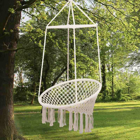 Outsunny Hammock Macrame Hanging Rope Chair Hanging Seat Rope Tassels Solid Knitted Woven Net Seat Portable Garden Chair for Patio, Porch, Tree, Beige