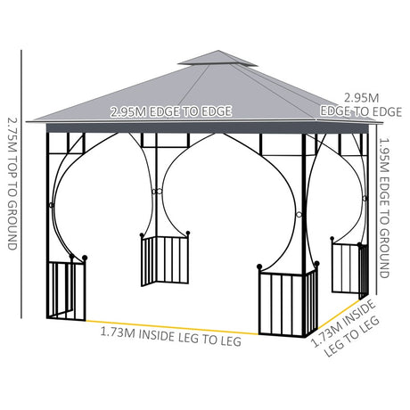 Outsunny 3 x 3(m) Garden Gazebo Patio Party Tent Shelter Outdoor Canopy Double Tier Sun Shade Metal Frame Netting, Light Grey