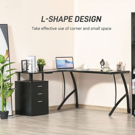 HOMCOM L-Shaped Computer Desk Table with Storage Drawer Home Office Corner Industrial Style Workstation for A4 Files 152 x 143.5 x 76cm, Black