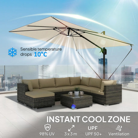 Outsunny 3 x 3 m Garden Cantilever Parasol w/ Light, Cover, UPF50+ Patio Umbrella w/ Wind Protection, 360 Rotation, Cream White