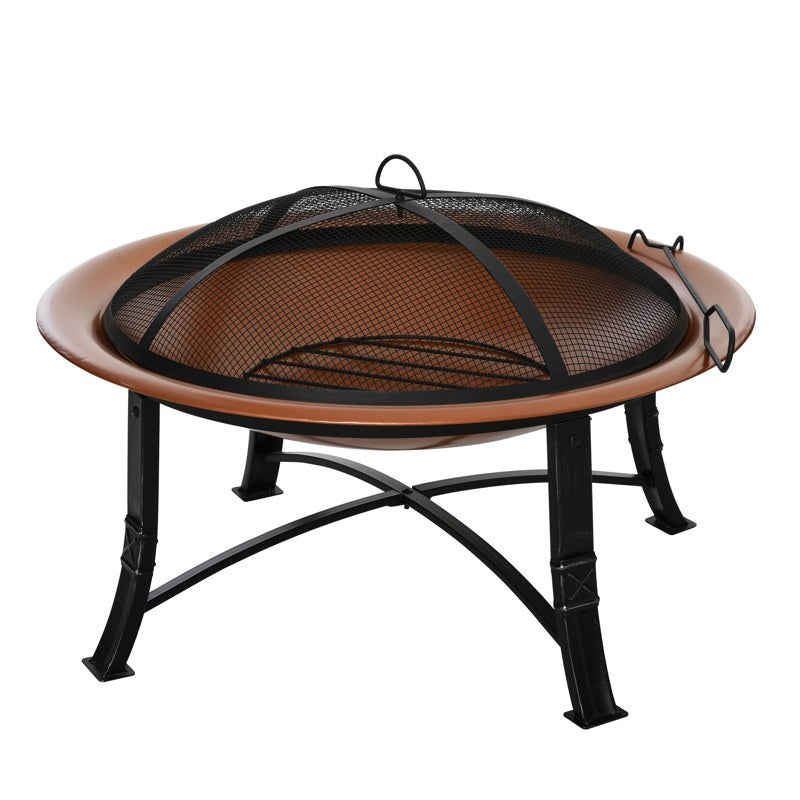 Outsunny 76cm Metal Large Firepit Bowl Outdoor Round Fire Pit w/ Lid, Log Grate, Poker for Backyard, Camping, Picnic, Bonfire, Wood Burning Stove, Bronze