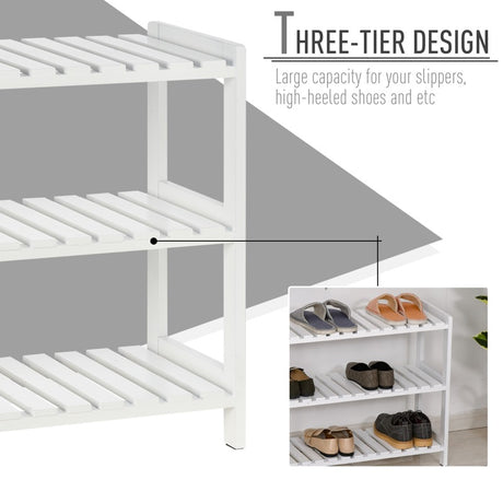 HOMCOM 3-Tier Shoe Rack Wood Frame Slatted Shelves Spacious Open Hygienic Storage Home Hallway Furniture Family Guests 70L x 26W x 57.5H cm - White