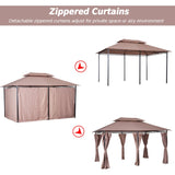 Outsunny 4m x 3(m)Garden Gazebo, Double Roof Outdoor Gazebo Canopy Shelter with Curtains, Solid Steel Frame for Lawn and Deck, Brown