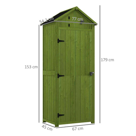 Outsunny Small Shed, Tall Slim Wooden Garden Shed with 3 Removable Shelves and Roof Hatch, Compact Outdoor Tool Storage Cabinet with Asphalt Roof and Door Latch, 77 x 54.2 x 179 cm, Green