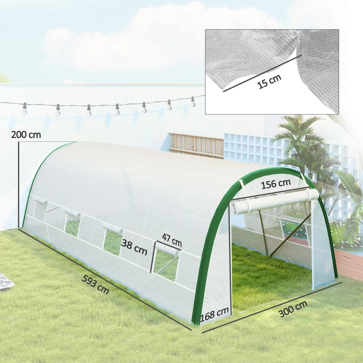 Outsunny Walk-in Polytunnel Greenhouse Tunnel Warm House Tent with Zipped Doors, 8 Mesh Windows, PE Cover, 6 x 3 m, White