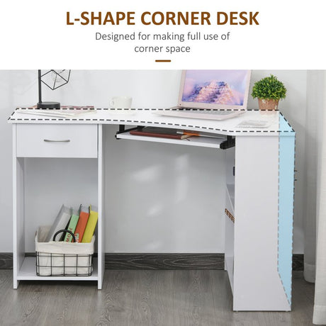 HOMCOM L-Shaped Corner Computer Desk w/ 2 Shelves Wide Worktop Keyboard Tray Drawer & CPU Stand Home Office Study Bedroom Furniture White