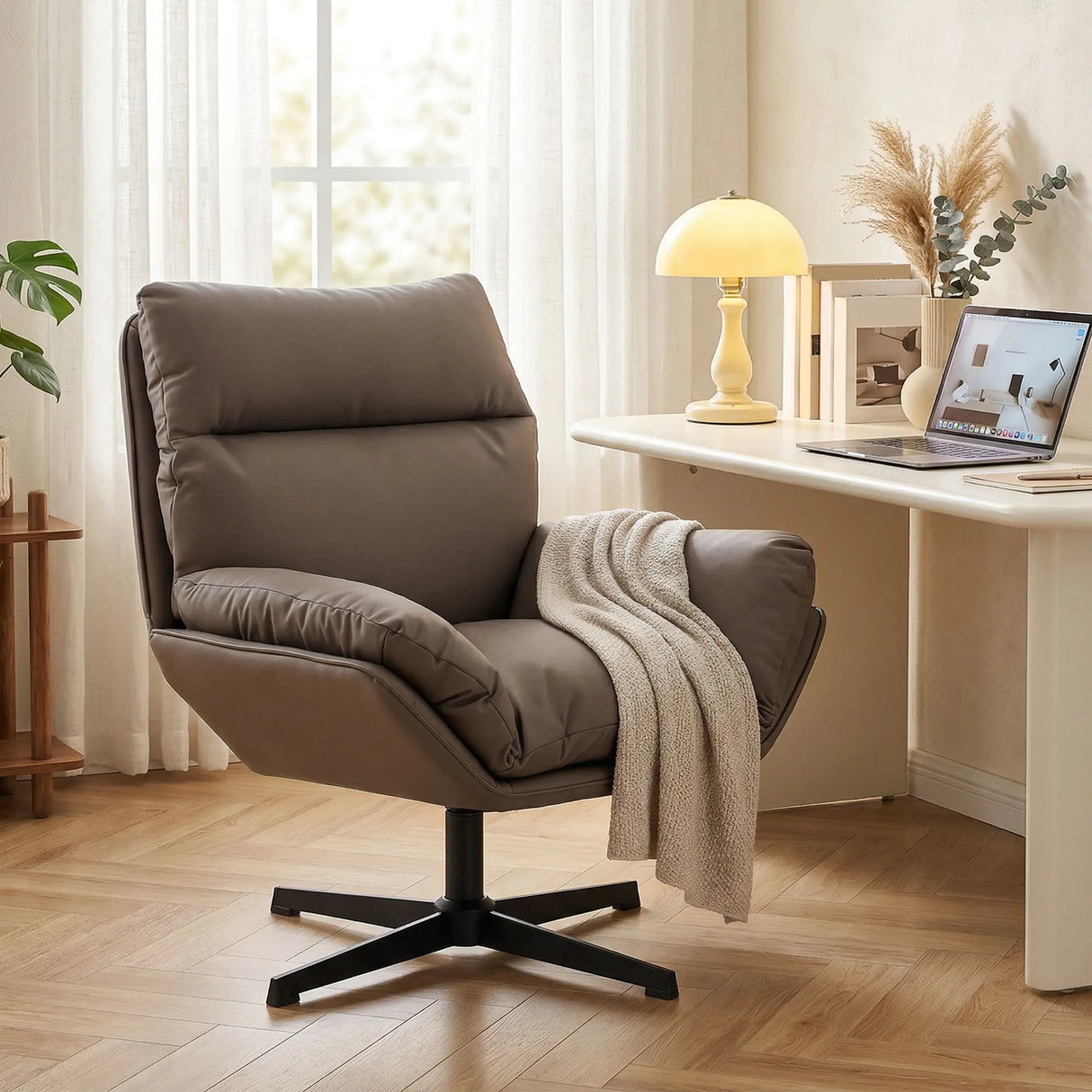 HOMCOM Accent Chair with 360 Swivel Armchair for Living Room with Padded Cushion Dark Brown