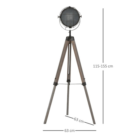 HOMCOM Industrial Style Adjustable Tripod Floor Lamp for Living Room Bedroom, Vintage Spotlight Reading Lamp with Wood Legs, 115-155cm, Grey