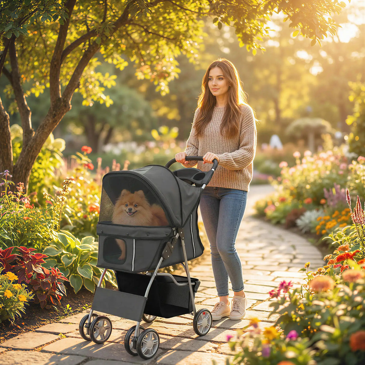 PawHut Dog Pram, Pet Stroller with Reflective Strips, Foldable Cat Stroller with 360 Swivel Wheels, Dark Grey