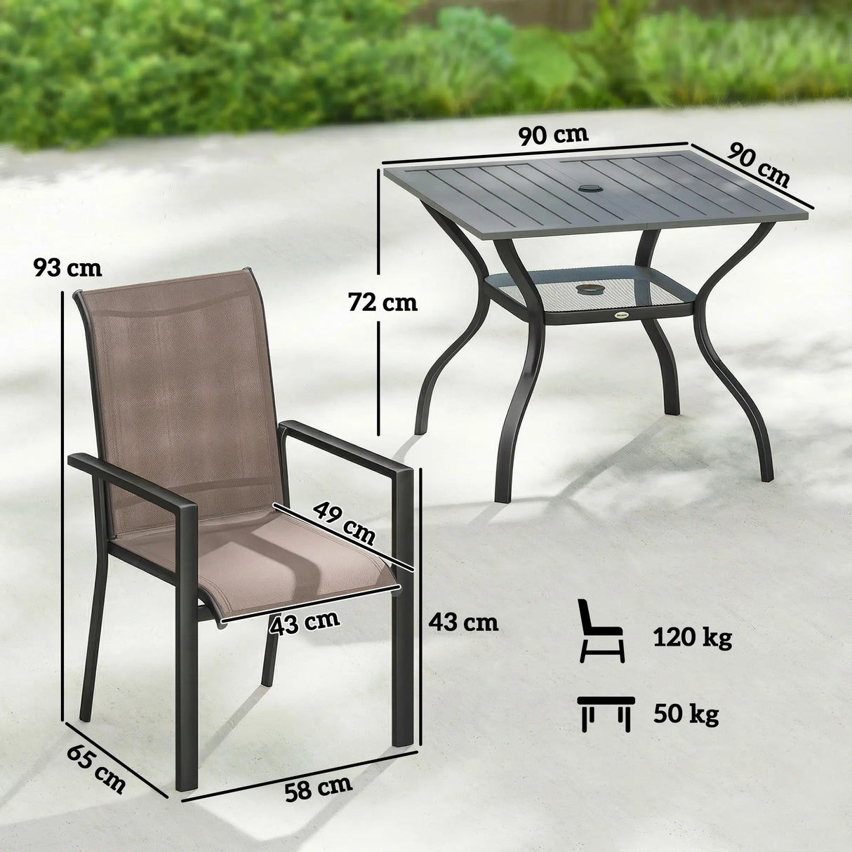 Outsunny 5 Pieces Outdoor Dining Set for 4, Garden Table and Stackable Chairs with Breathable Mesh Seat, Grey and Khaki