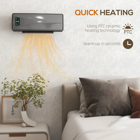 HOMCOM 2000W Ceramic Electric Heater with Fan, Adjustable Thermostat, Wall Mounted - Grey