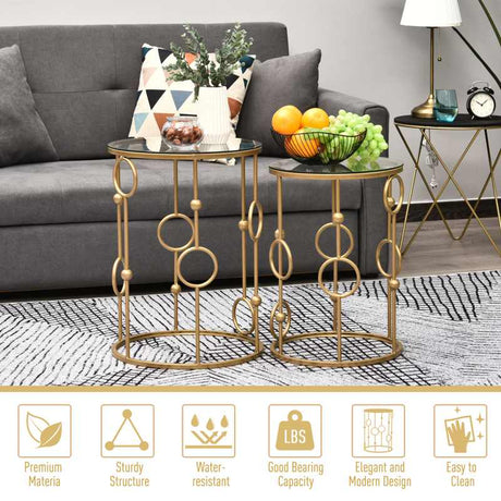 HOMCOM Round Coffee Tables Set of 2, Gold Nesting Side End Tables with Tempered Glass Top, Steel Frame for Living Room, Gold