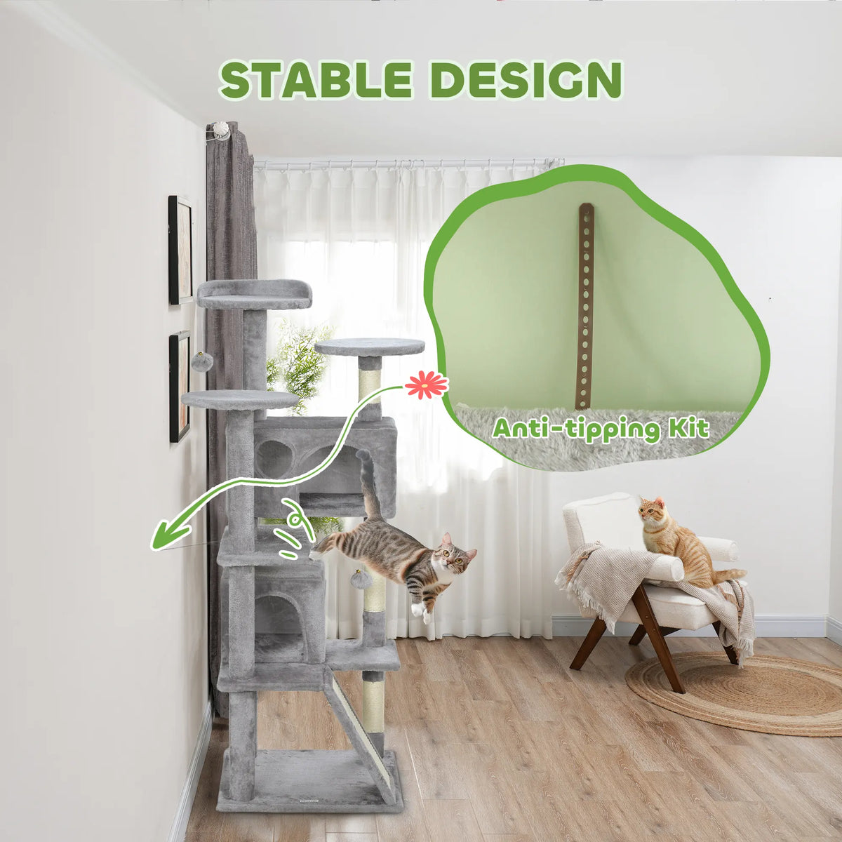 PawHut 138cm Cat Tree, Multi-Level Cat Tower with Scratching Posts and Pad, Bed, Condos, Platforms, Toy Balls, Light Grey
