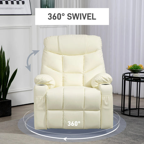 HOMCOM Manual Reclining Chair, Recliner Armchair with Swivel, Faux Leather, Footrest, Cup Holders, 86x93x102cm, Cream