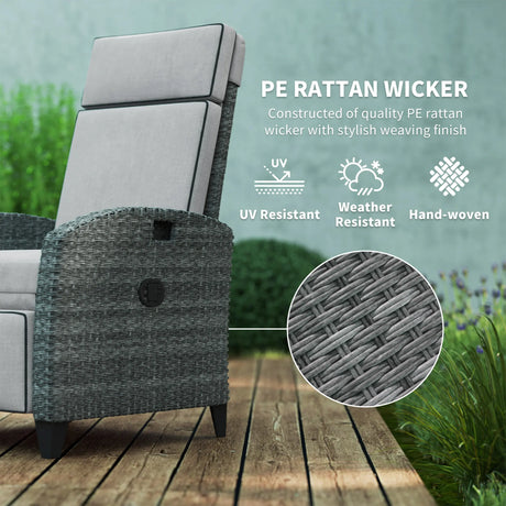 Outsunny Outdoor Recliner Chair with Adjustable Backrest and Footrest, Cushion, Side Tray, Light Grey/Grey