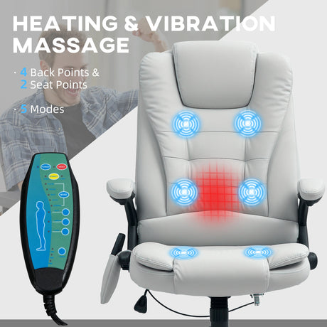 HOMCOM 6-Point Massage Office Chair with Seat Heated for Home Office, PU Leather High Back Executive Desk Chair with Adjustable Height and 360 Swivel for Work Study, Light Grey