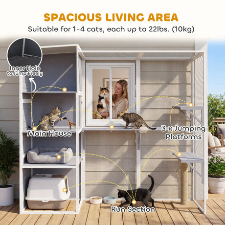 PawHut 4-Tier Wooden Catio Cat Outdoor Enclosure with Sun Roof, Resting Rooms, 3 Platforms, Window Outdoor Indoor, Grey