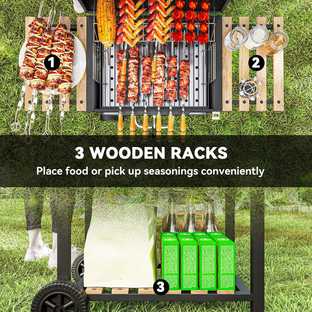 Outsunny Charcoal BBQ Grill with Height Adjustable Charcoal Pan, Barbecue Smoker with Warming Rack, 3 Shelves, Temperature Gauge, Wheels, Bottle Opener for Outdoor Cooking Garden Party