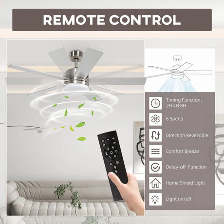 HOMCOM 52" Ceiling Fans with Light and Remote, 132CM LED Ceiling Fan with 5 Blades, 5-Speed, Timer, Quiet Reversible DC Motor, for Bedroom, Living Room, Silver and Beech Wood-effect