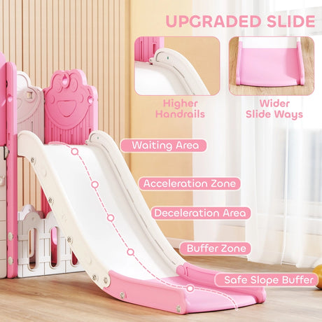 AIYAPLAY 7 in 1 Toddler Slide Set with Basketball Hoop, Climbing Frame, Telescope, Drawing Board, Storage Box, Pink
